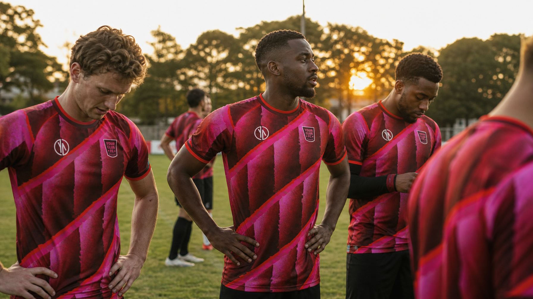 A football team wearing custom kits on the pitch